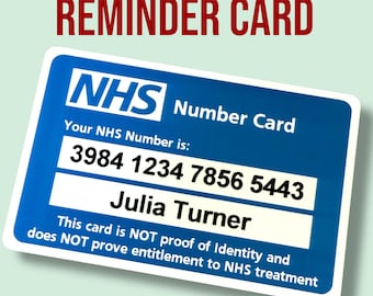 Reminder of your NHS Number - Unique bespoke and personalised card
