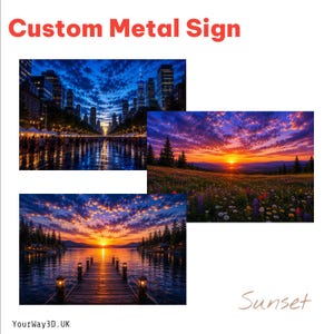 May include: A custom metal sign featuring three distinct rectangular images: a city street at twilight, a vibrant sunset over a wildflower meadow, and a wooden pier extending into a lake at sunset. The text Custom Metal Sign, Sunset, and YourWay3D.UK appear.