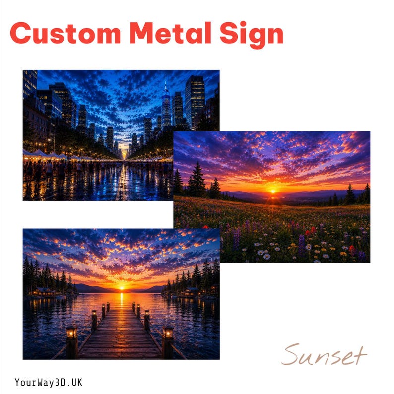 May include: A custom metal sign featuring three distinct rectangular images: a city street at twilight, a vibrant sunset over a wildflower meadow, and a wooden pier extending into a lake at sunset. The text Custom Metal Sign, Sunset, and YourWay3D.UK appear.