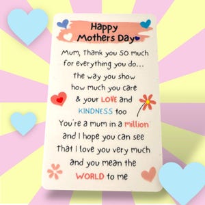 "Personalisierte Muttertagskarte / ""Happy Mothers Day"" Brieftasche Karte - doppelseitiges Andenken für Geldbörse oder Brieftasche - individuelle Nachricht - Sentimentale Kreditkartengröße."