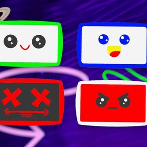 May include: Four rectangular icons with distinct facial expressions: a green one with a happy face, a blue one with a joyful face, a red one with X-shaped eyes, and a white one with an angry face. A small planet icon and a heart icon are included.