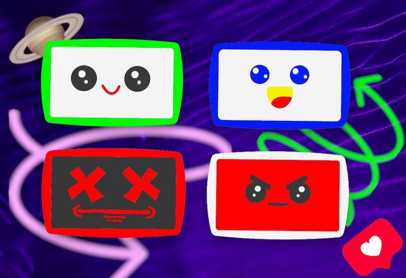May include: Four rectangular icons with distinct facial expressions: a green one with a happy face, a blue one with a joyful face, a red one with X-shaped eyes, and a white one with an angry face. A small planet icon and a heart icon are included.