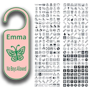 K&ouml;nnte beinhalten: Ein rosa T&uuml;rh&auml;nger mit gr&uuml;nem Rand und einem Ausschnitt f&uuml;r den T&uuml;rknauf. Der Text "Emma" steht oben, und darunter ist ein gr&uuml;ner Schmetterling. Die Worte "No Boys Allowed" stehen unten.