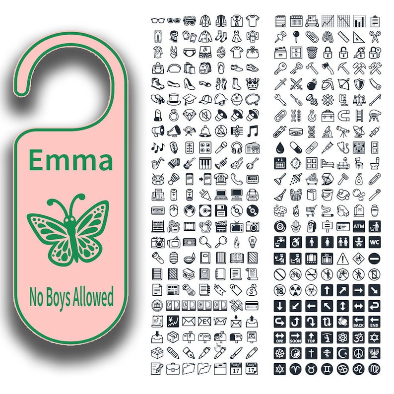 K&ouml;nnte beinhalten: Ein rosa T&uuml;rh&auml;nger mit gr&uuml;nem Rand und einem Ausschnitt f&uuml;r den T&uuml;rknauf. Der Text "Emma" steht oben, und darunter ist ein gr&uuml;ner Schmetterling. Die Worte "No Boys Allowed" stehen unten.