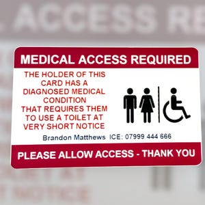 Carte d'accès médicale personnalisée - Pass pour les toilettes d'urgence - Accès aux toilettes - Carte d'identité médicale durable de haute qualité