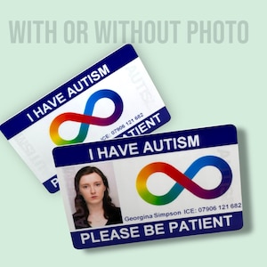 Aangepaste identiteitskaart autisme met regenboog oneindigheidssymbool - Gepersonaliseerde ondersteuningskaart medisch bewustzijn, met of zonder foto