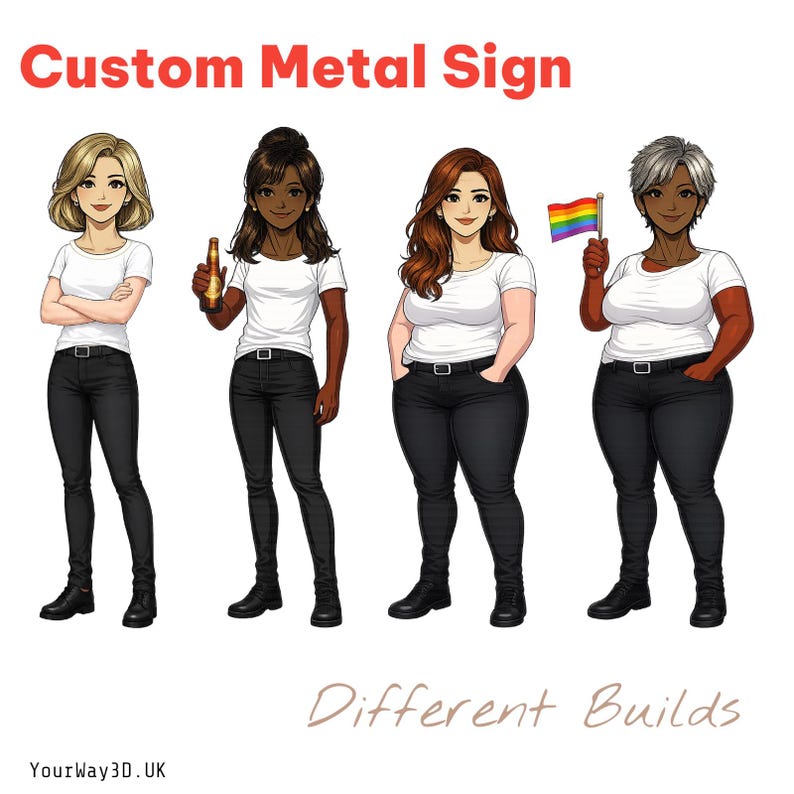 May include: A custom metal sign featuring four illustrated figures with different body builds, all wearing white t-shirts and black pants. The text Custom Metal Sign, Different Builds, and YourWay3D.UK is visible. One figure holds a beer bottle, another a rainbow flag.