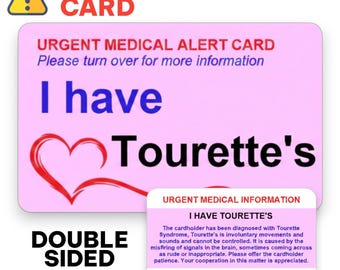 Custom Medical Alert Card TOURETTES: Personalised Emergency Contact ID