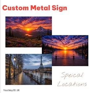 May include: A custom metal sign featuring three distinct landscape images: a mountain range at sunset, a lake view from a wooden dock at dusk, and a rainy street scene in Paris with the Eiffel Tower in the background. The text reads Custom Metal Sign.