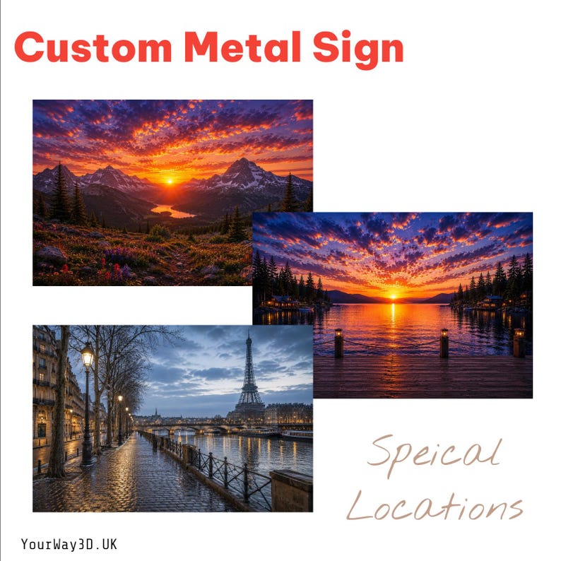 May include: A custom metal sign featuring three distinct landscape images: a mountain range at sunset, a lake view from a wooden dock at dusk, and a rainy street scene in Paris with the Eiffel Tower in the background. The text reads Custom Metal Sign.