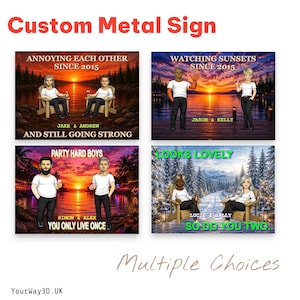 May include: Four rectangular custom metal signs featuring cartoon-style illustrations of pairs of people in various settings, including sunset lake scenes and snowy landscapes, with personalized text captions like Annoying Each Other Since 2015.