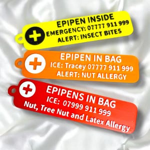 Porte-clés EPIPEN IN BAG Étiquette d'alerte d'urgence allergie personnalisée Porte-clés de contact d'urgence personnalisé Epi-Pen Alerte allergie médicale expédition rapide