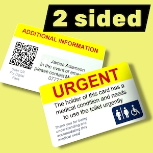 Puede incluir: Tarjeta de dos caras amarilla y blanca con la palabra "URGENTE" en letras rojas grandes. La tarjeta indica que el titular tiene una condición médica y necesita usar el baño urgentemente. Incluye un código QR e información de contacto.