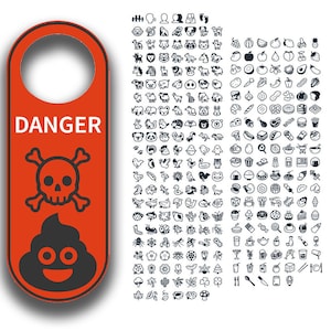 K&ouml;nnte beinhalten: Ein orangefarbener T&uuml;rh&auml;nger mit dem Wort "DANGER" &uuml;ber einem Totenkopf- und gekreuzten Knochen-Symbol und einem l&auml;chelnden Haufen Kacke. Rechts befinden sich zahlreiche schwarz-wei&szlig;e Kritzel-Illustrationen von Tieren, Lebensmitteln und anderen Objekten.