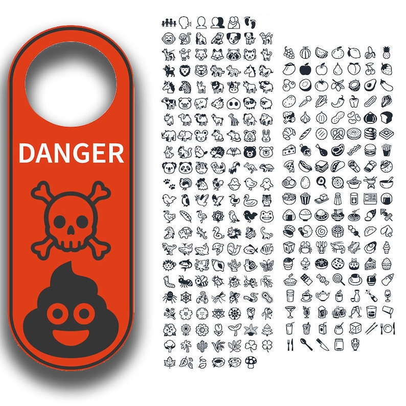K&ouml;nnte beinhalten: Ein orangefarbener T&uuml;rh&auml;nger mit dem Wort "DANGER" &uuml;ber einem Totenkopf- und gekreuzten Knochen-Symbol und einem l&auml;chelnden Haufen Kacke. Rechts befinden sich zahlreiche schwarz-wei&szlig;e Kritzel-Illustrationen von Tieren, Lebensmitteln und anderen Objekten.