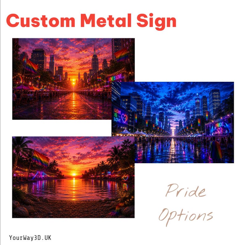 May include: A custom metal sign featuring three distinct rectangular images with Pride themes. One shows a city street at sunset, another a night cityscape with neon lights, and the third a tropical beach at sunset. Text includes Custom Metal Sign, Love Is Love, Pride, and YourWay3D.UK.
