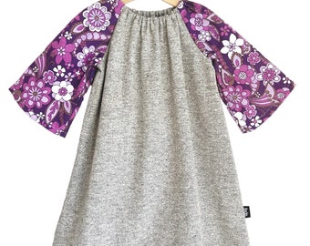 Little Girls Winter Raglan Dress Upcycled Vintage Mid Century Purple Flower Size 5
