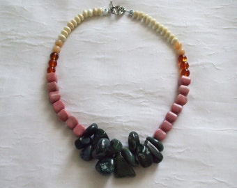 Handmade unique necklace, blood stones, pink stones, yellow stones, semiprecious stones, statement necklace, multi-color stones