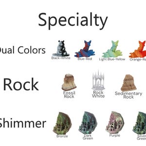 May include: A chart displaying various miniature figurines, categorised by specialty, colour, and material. The categories include "Dual Colours", "Rock", and "Shimmer". The figurines are painted in a range of colours, including black, white, blue, red, yellow, orange, green, purple, silver, and bronze.