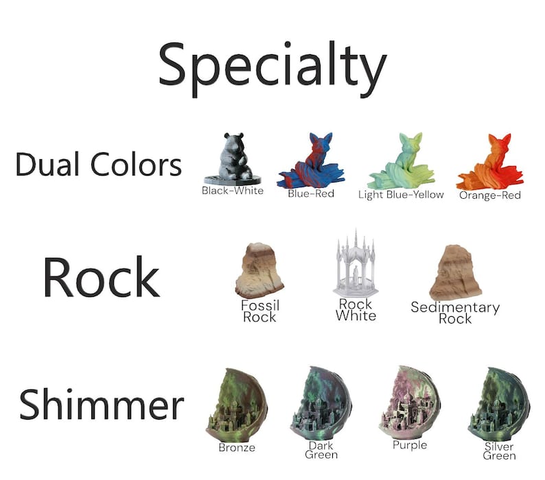 May include: A chart displaying various miniature figurines, categorised by specialty, colour, and material. The categories include "Dual Colours", "Rock", and "Shimmer". The figurines are painted in a range of colours, including black, white, blue, red, yellow, orange, green, purple, silver, and bronze.