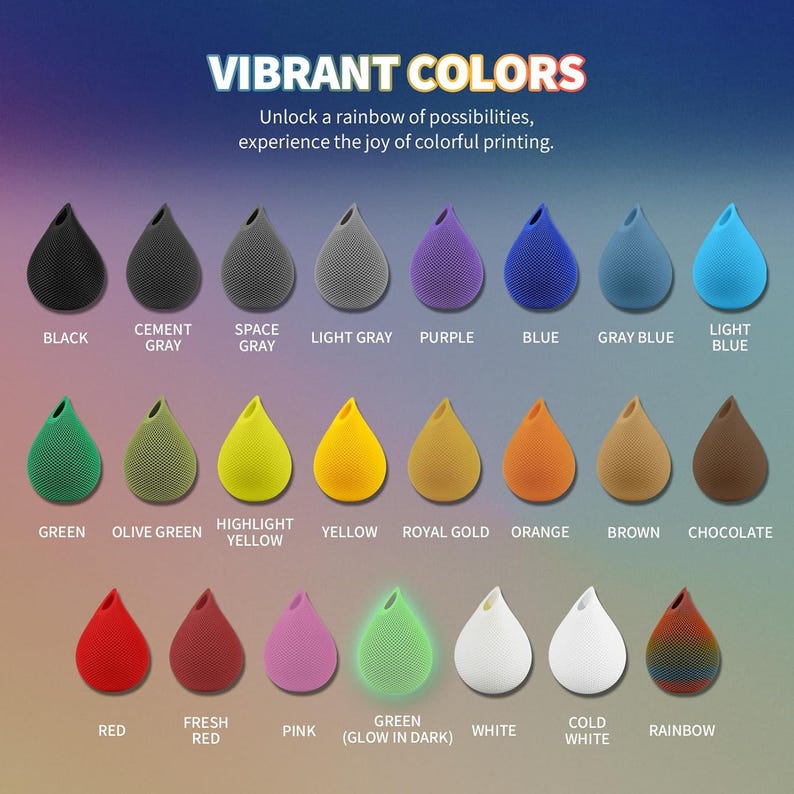 May include: A chart of 18 different coloured 3D printed drops, each with a name underneath. The colours include black, cement grey, space grey, light grey, purple, blue, grey blue, light blue, green, olive green, highlight yellow, yellow, royal gold, orange, brown, chocolate, red, fresh red, pink, green (glow in dark), white, cold white, and rainbow.