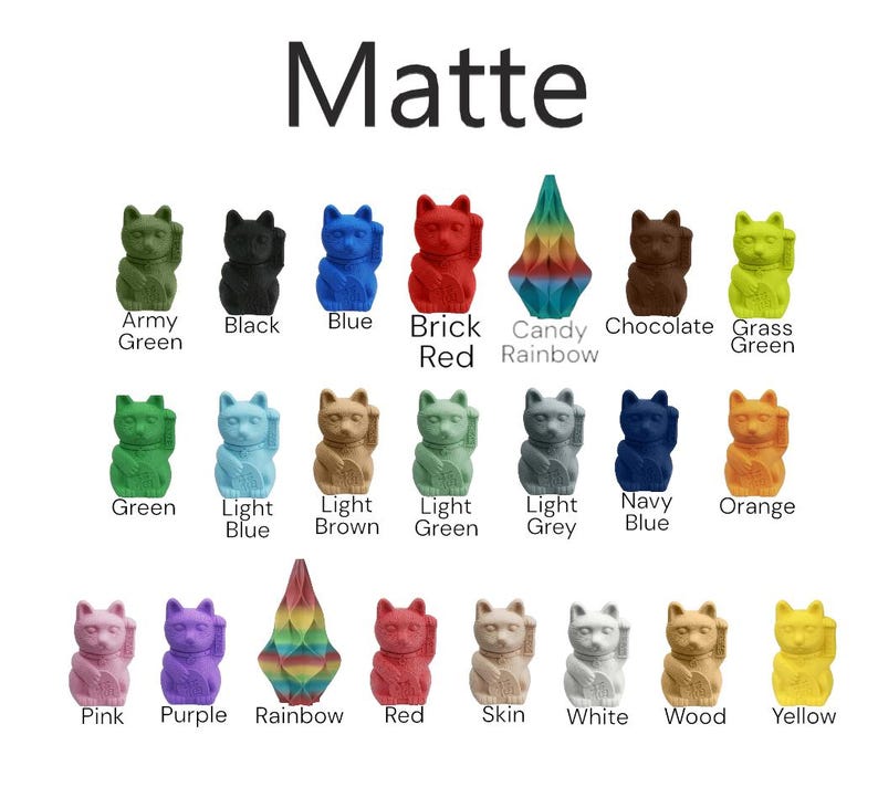 May include: A collection of 18 lucky cat figurines in various colours, including army green, black, blue, brick red, candy rainbow, chocolate, grass green, green, light blue, light brown, light green, light grey, navy blue, orange, pink, purple, rainbow, red, skin, white, wood, and yellow. The figurines are all in a matte finish.