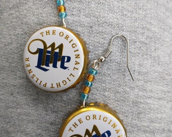 Miller Lite Beer Bottle Cap Earrings blue & gold beads