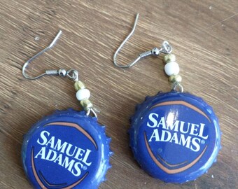 Samuel Adams Blue and Gold w/beads Bottle Cap Earrings