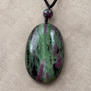 Ruby Zoisite Pendant Necklace, Growth, Hand Carved Gemstone, UV Reactive