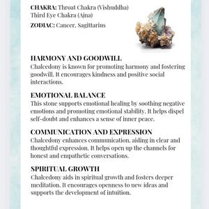 May include: A white informational card featuring the title Chalcedony, a small blue and brown mineral cluster, and text detailing the Throat and Third Eye Chakras, Cancer and Sagittarius zodiac signs, and properties for harmony, balance, and growth.