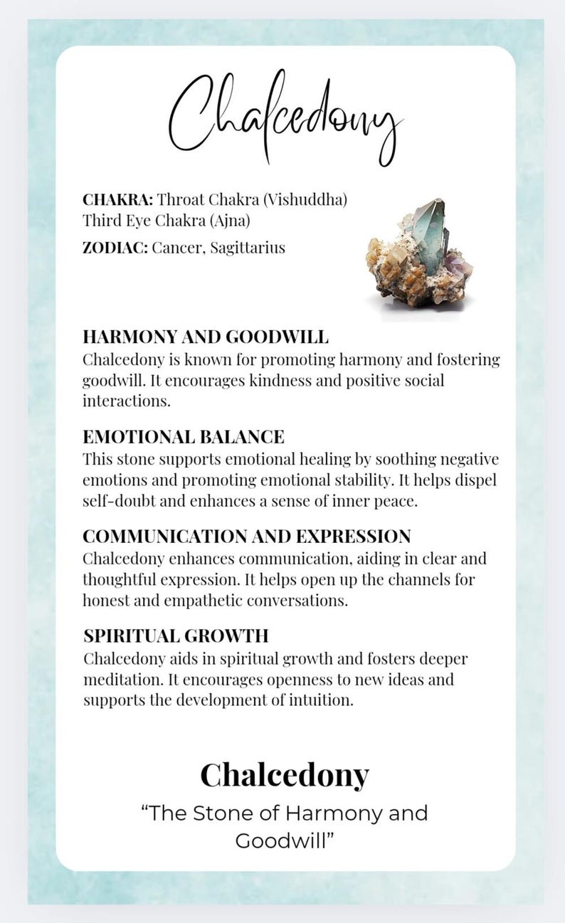 May include: A white informational card featuring the title Chalcedony, a small blue and brown mineral cluster, and text detailing the Throat and Third Eye Chakras, Cancer and Sagittarius zodiac signs, and properties for harmony, balance, and growth.