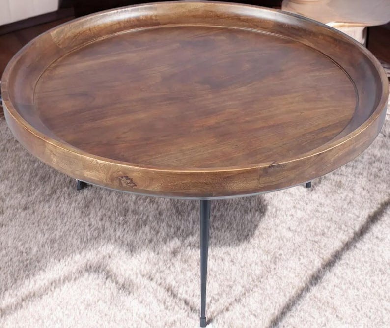 Round Mango Wood Coffee Table With Black Splayed Metal Legs Modern ...