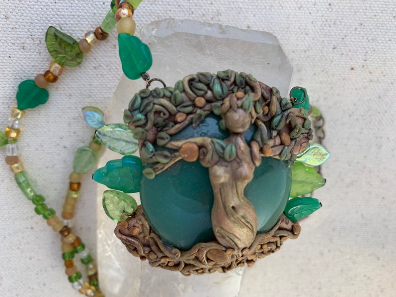 Polymer clay hand sculpted dryad goddess necklace with jade Etsy