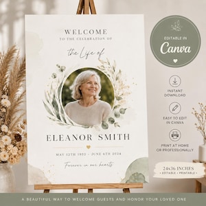May include: A memorial sign on an easel, featuring a photo of Eleanor Smith surrounded by a floral wreath. The sign includes the text "Welcome to the Celebration of the Life of Eleanor Smith" and dates of birth and death. The sign is 24x36 inches.