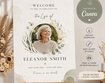 Può includere: Un cartello commemorativo su un cavalletto, con una foto di Eleanor Smith circondata da una ghirlanda floreale. Il cartello include il testo "Benvenuti alla celebrazione della vita di Eleanor Smith" e le date di nascita e di morte. Il cartello misura 61x91 cm.