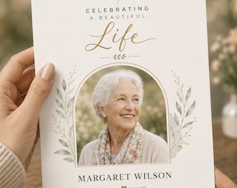 Può includere: Un cartoncino per programma funebre con il ritratto di una persona anziana all'interno di una cornice ad arco. Il testo recita CELEBRATING A BEAUTIFUL Life, MARGARET WILSON, SEPTEMBER 8TH 1935 - APRIL 30TH 2025 e Forever in our hearts, con foglie.
