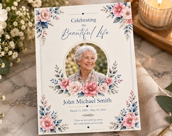 Può includere: Un cartoncino rettangolare per programma funebre con un ritratto circolare centrale di una persona anziana dai capelli bianchi. Il cartoncino è decorato con fiori rosa e foglie blu ad acquerello, con il testo Celebrating the Beautiful Life of John Michael Smith, 12 marzo 1950 - 10 maggio 2024, e la citazione Those we love don't go away, they walk beside us every day.