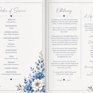 May include: A memorial service program with a floral design in blue and white. The left page lists the order of service, while the right page contains an obituary and a section titled "A Life Well Lived."