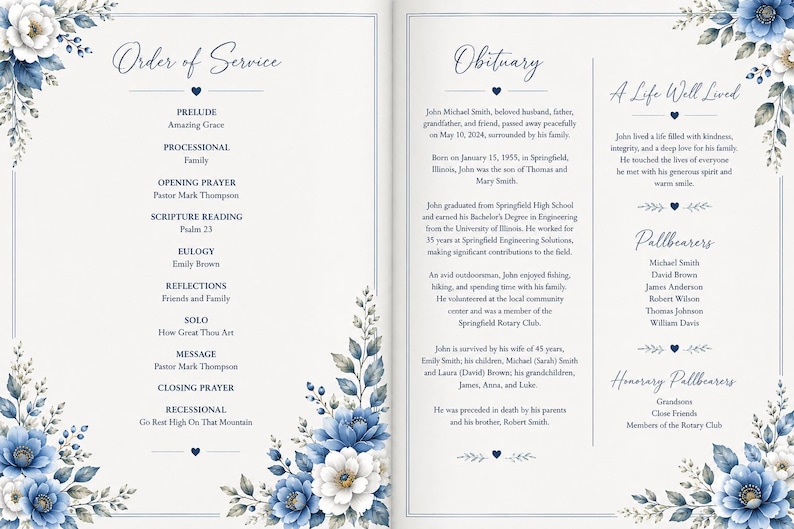 May include: A memorial service program with a floral design in blue and white. The left page lists the order of service, while the right page contains an obituary and a section titled "A Life Well Lived."
