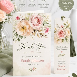 May include: A memorial card and bookmark set with floral designs. The card reads "Thank You" and "In Loving Memory of Sarah Johnson 1948-2026." The bookmark says "Thank You For Your Kindness" and also includes the name Sarah Johnson. The design includes pink and peach roses.