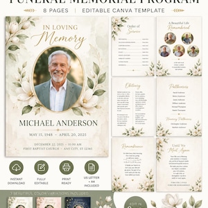 Puede incluir: Una plantilla de programa funerario de 8 páginas para Canva con fondo crema y detalles florales en acuarela. La portada muestra la foto de un hombre en un marco ovalado, el texto In Loving Memory, Michael Anderson y los detalles del evento.