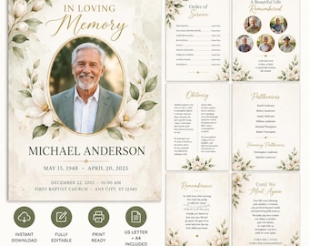 Può includere: Un modello di programma funebre di 8 pagine per Canva con sfondo color crema e accenti floreali ad acquerello. La copertina mostra la foto di un uomo in una cornice ovale, il testo In Loving Memory, Michael Anderson e i dettagli dell'evento.