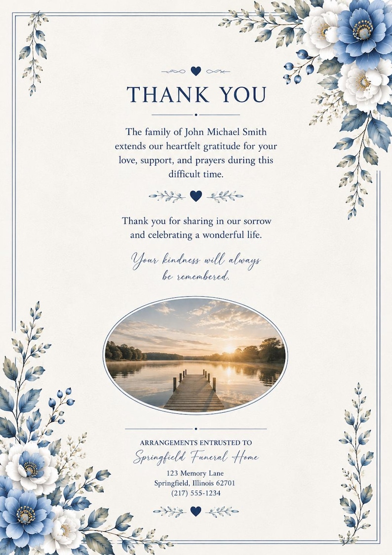 May include: A sympathy card with a floral design in shades of blue and white. The text reads "Thank You" and expresses gratitude. An oval image shows a pier extending into a lake at sunset.