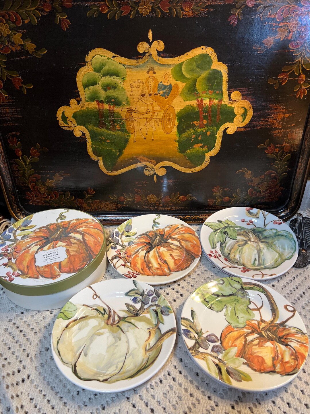 Pottery Barn Harvest Pumpkin Watercolor Salad Plates Set of Four in Box ...