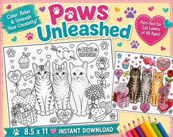 Valentine Cat Coloring Page, Kitties Hearts Theme Activity Sheet (Digital Download)