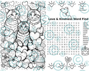 Valentine Cats Coloring Page, Cats Sharing Love Coloring, Printable Cat Coloring Sheet, Valentine Activity for Kids and Adults, Word Search