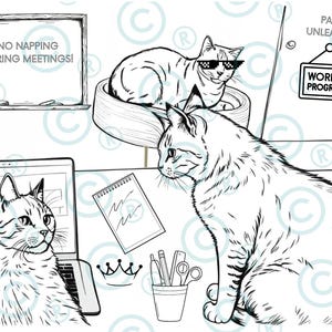 May include: Black and white illustration of cats in an office setting. One cat wears pixelated sunglasses while lounging in a bed. A sign reads "No napping during meetings!" and another says "Work in Progress."
