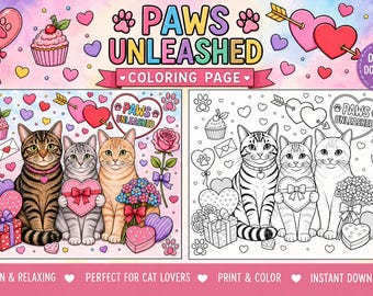 Valentine Cat Coloring Page, Kitties Hearts Theme Activity Sheet (Digital Download)