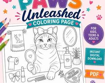 May include: A digital coloring page titled Paws Unleashed featuring a line art illustration of a cat wearing a bow headband in a bathroom setting. The scene includes a mirror, towel, soap dispenser, lipstick, comb, and a heart-shaped tray with text.