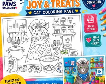 Cat Chef Coloring Page, Baking Kitchen Activity Sheet (Instant Download)